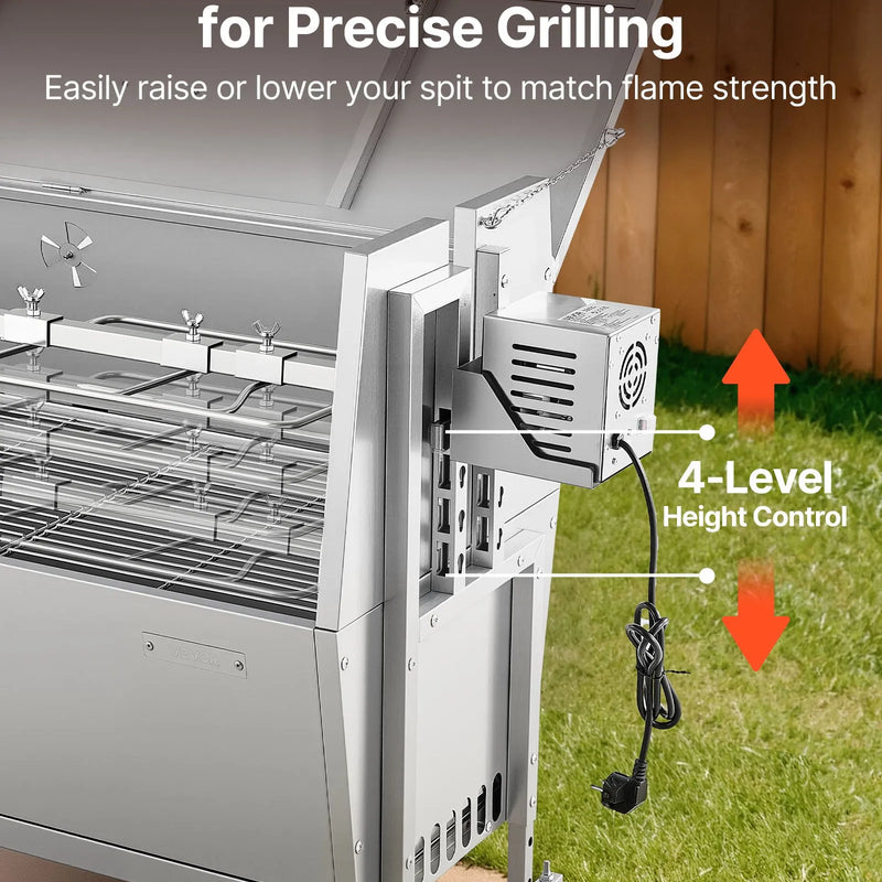 VEVOR rotējošais grils (spits), 38 W āra BBQ cūkas un jēra cepšanai, ogļu spits ar 60 kg kravnesību, ar riteņiem un 4 līmeņu augstuma regulēšanu, nerūsējošā tērauda elektriskais rotējošā grila komplekts kempingam un āra pasākumiem