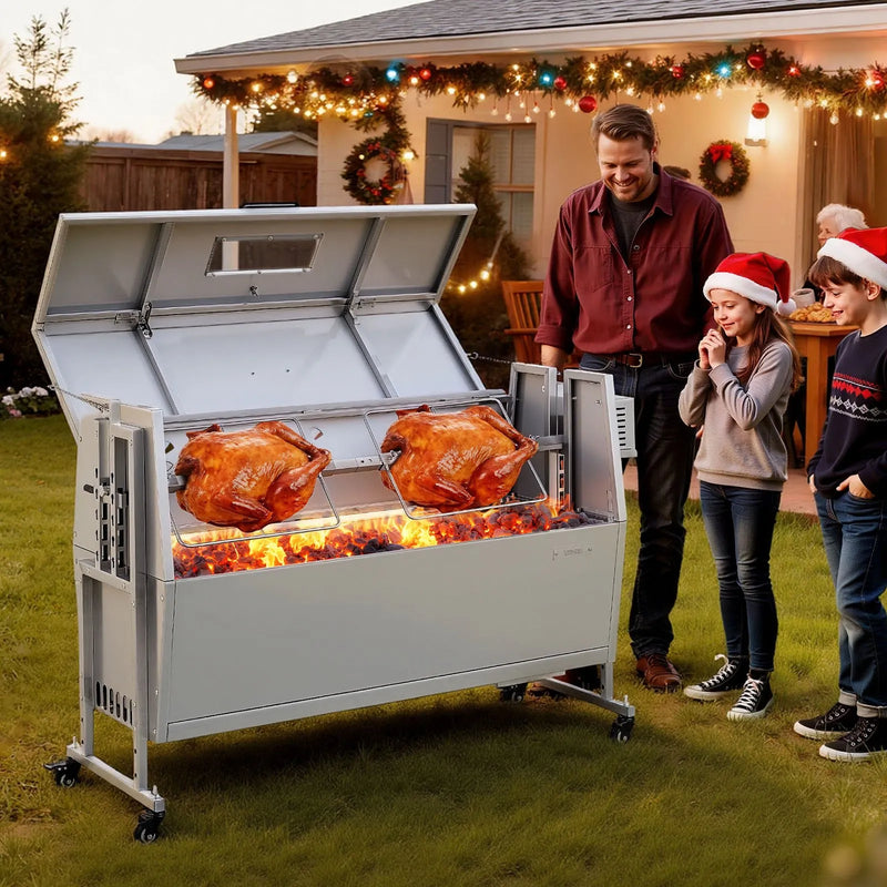 VEVOR rotējošais grils (spits), 38 W āra BBQ cūkas un jēra cepšanai, ogļu spits ar 60 kg kravnesību, ar riteņiem un 4 līmeņu augstuma regulēšanu, nerūsējošā tērauda elektriskais rotējošā grila komplekts kempingam un āra pasākumiem