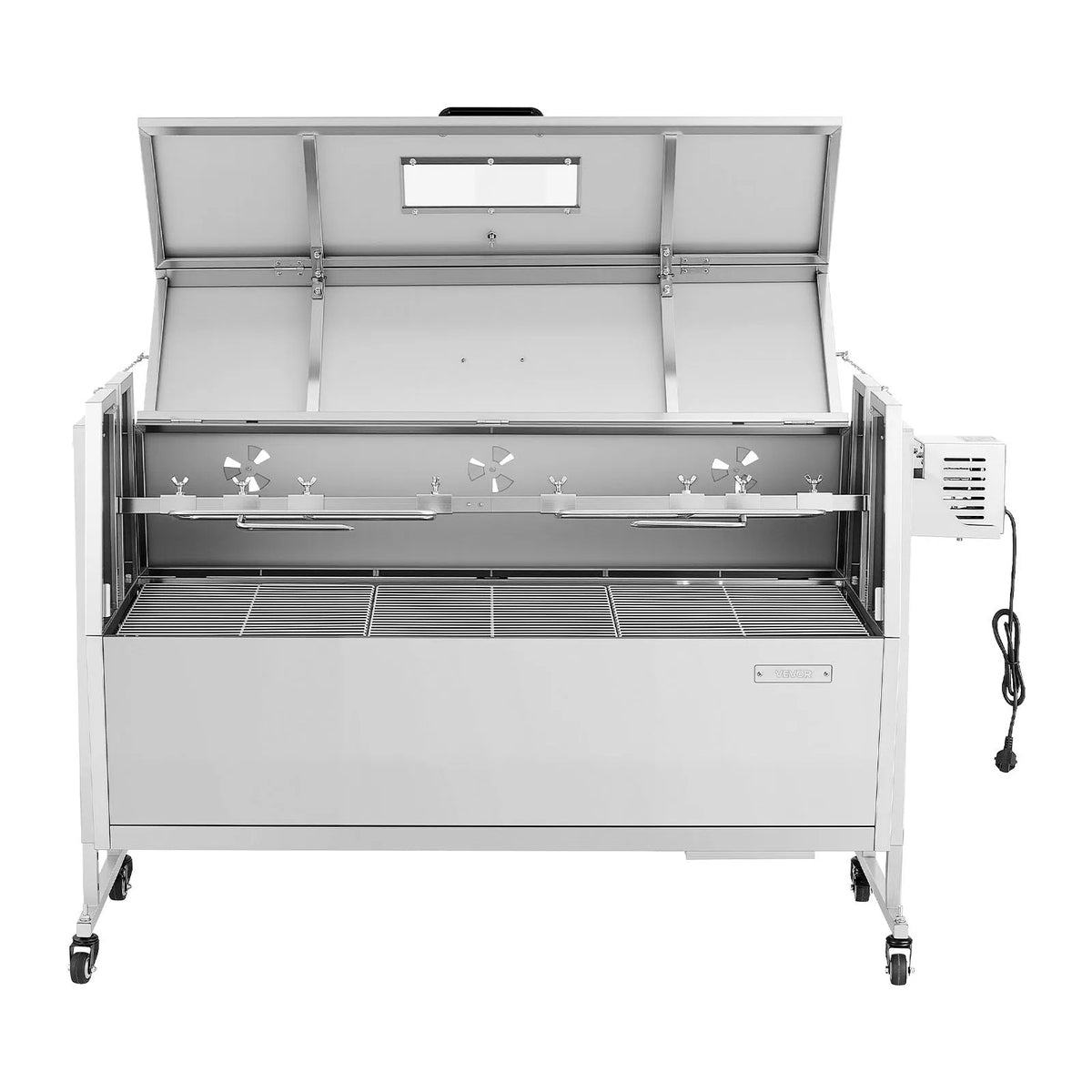 VEVOR rotējošais grils (spits), 38 W āra BBQ cūkas un jēra cepšanai, ogļu spits ar 60 kg kravnesību, ar riteņiem un 4 līmeņu augstuma regulēšanu, nerūsējošā tērauda elektriskais rotējošā grila komplekts kempingam un āra pasākumiem