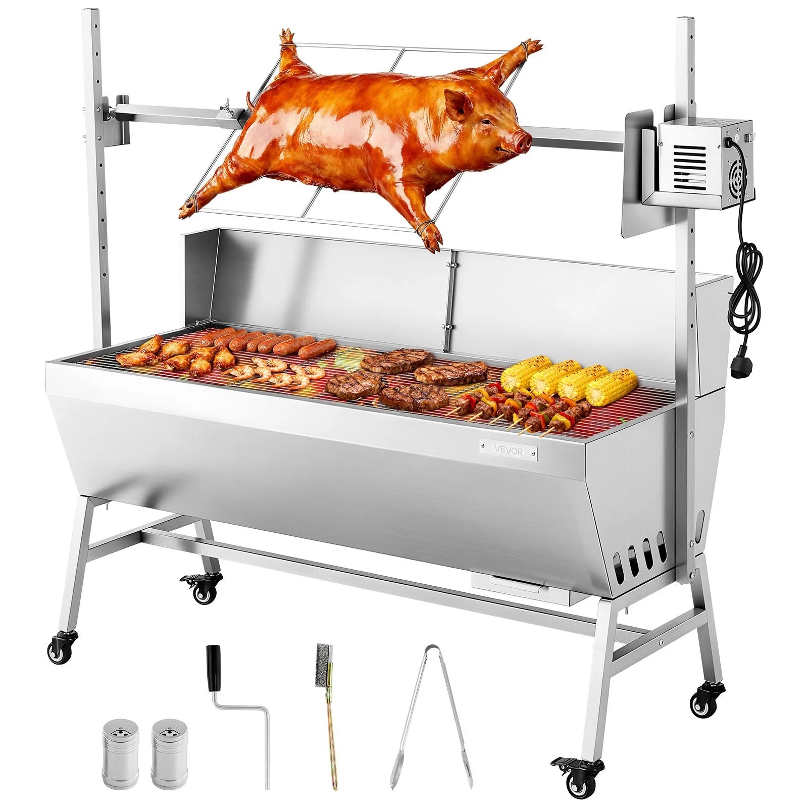 VEVOR rotējošais grils (spits), 38 W āra BBQ cūkas un jēra cepšanai, ogļu spits ar 60 kg kravnesību, ar riteņiem un 4 līmeņu augstuma regulēšanu, nerūsējošā tērauda elektriskais rotējošā grila komplekts kempingam un āra pasākumiem