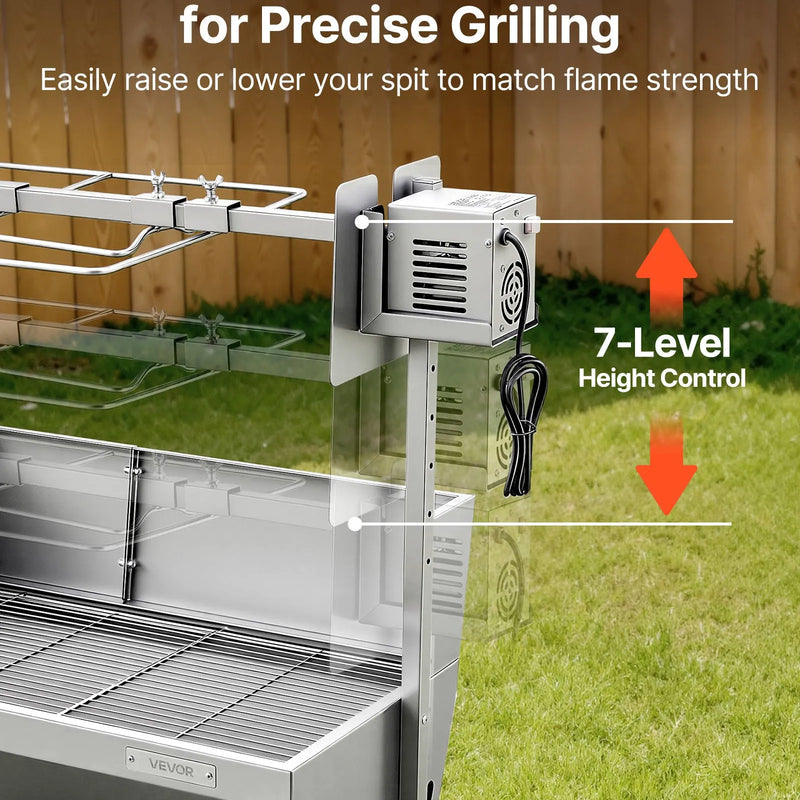 VEVOR rotējošais grils (spits), 38 W āra BBQ cūkas un jēra cepšanai, ogļu spits ar 60 kg kravnesību, ar riteņiem un 4 līmeņu augstuma regulēšanu, nerūsējošā tērauda elektriskais rotējošā grila komplekts kempingam un āra pasākumiem