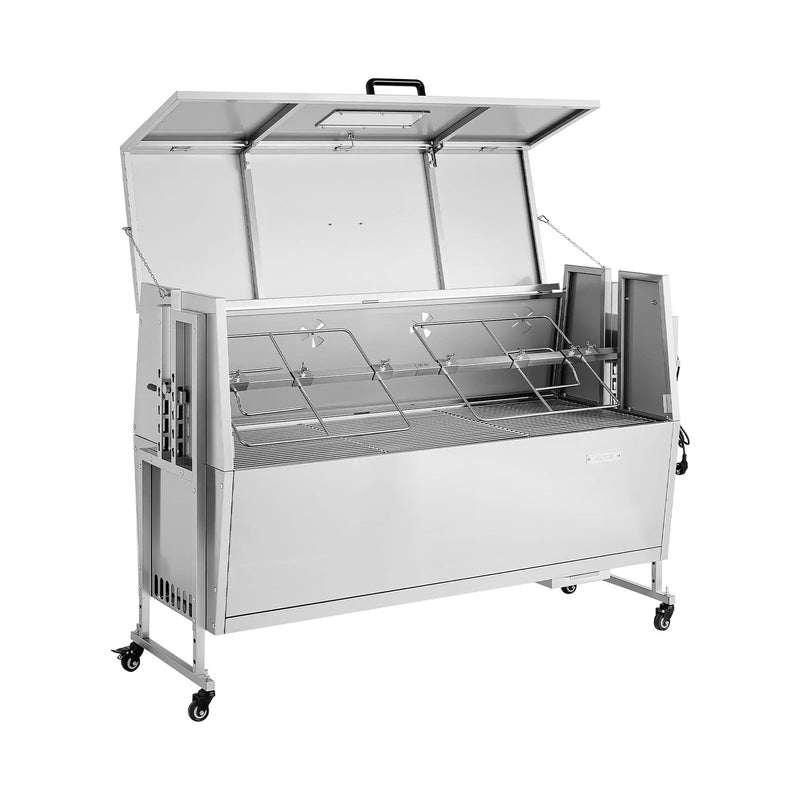 VEVOR rotējošais grils (spits), 38 W āra BBQ cūkas un jēra cepšanai, ogļu spits ar 60 kg celtspēju, ar riteņiem un 4 līmeņu augstuma regulēšanu, nerūsējošā tērauda rotējošā grila komplekts kempingam un āra ballītēm