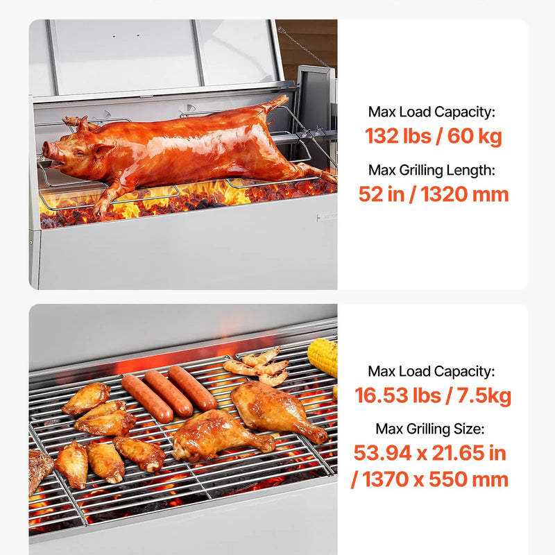 VEVOR rotējošais grils (spits), 38 W āra BBQ cūkas un jēra cepšanai, ogļu spits ar 60 kg celtspēju, ar riteņiem un 4 līmeņu augstuma regulēšanu, nerūsējošā tērauda rotējošā grila komplekts kempingam un āra ballītēm