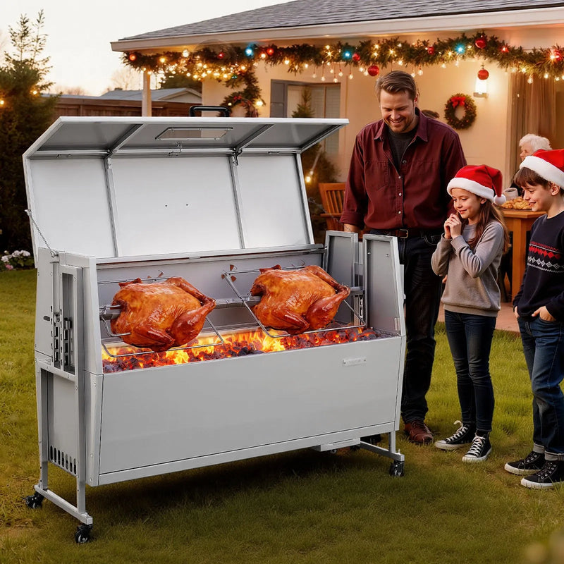 VEVOR rotējošais grils (spits), 38 W āra BBQ cūkas un jēra cepšanai, ogļu spits ar 60 kg celtspēju, ar riteņiem un 4 līmeņu augstuma regulēšanu, nerūsējošā tērauda rotējošā grila komplekts kempingam un āra ballītēm