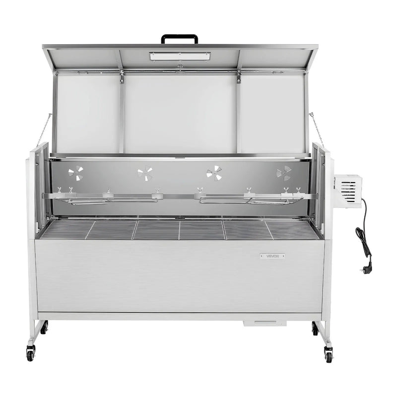 VEVOR rotējošais grils (spits), 38 W āra BBQ cūkas un jēra cepšanai, ogļu spits ar 60 kg celtspēju, ar riteņiem un 4 līmeņu augstuma regulēšanu, nerūsējošā tērauda rotējošā grila komplekts kempingam un āra ballītēm