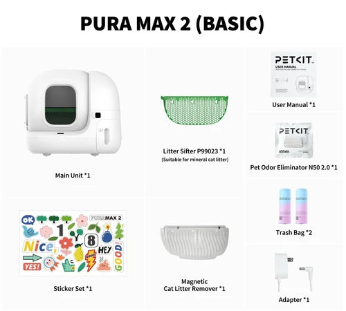 Automātiskā pašattīrošā kaķu tualete PuraMax 2 Premium ar lietotnes vadību, 7 L atkritumu tvertni un trīskāršu smaku kontroli