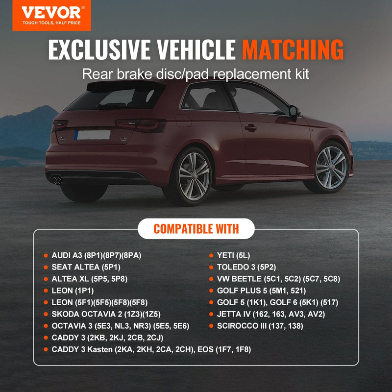 VEVOR Aizmugurējais bremžu komplekts, bremžu diski un bremžu kluči Audi A3 (8P) nomaiņas komplekts