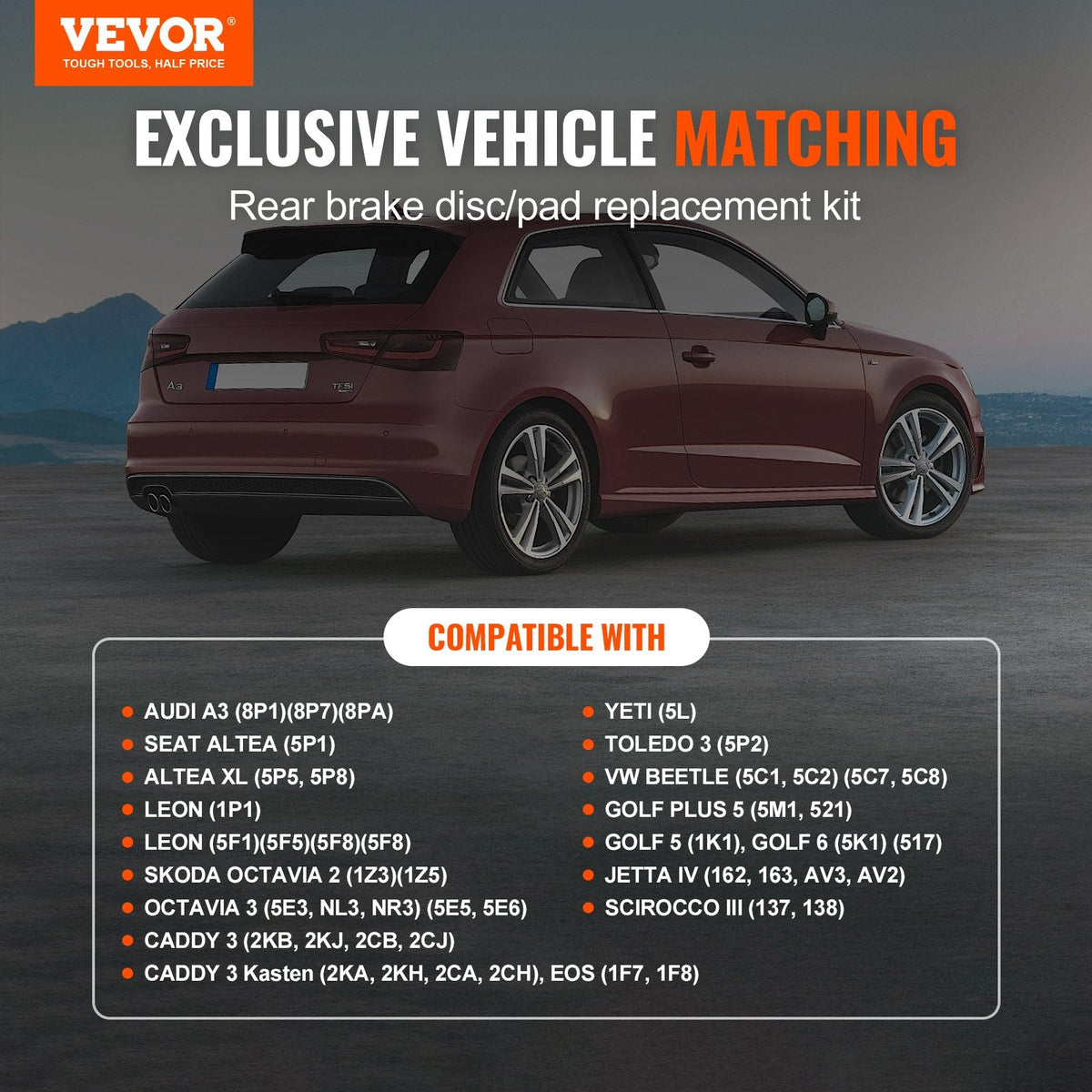VEVOR Aizmugurējais bremžu komplekts, bremžu diski un bremžu kluči Audi A3 (8P) nomaiņas komplekts