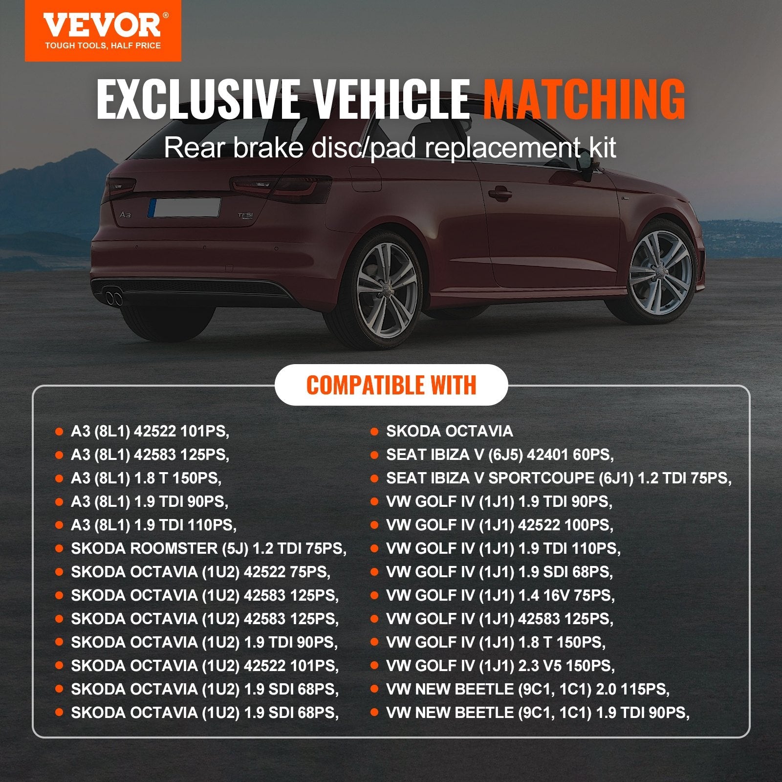 Aizmugurējo bremžu komplekts Audi A3 (8L) – diski un uzlikas | VEVOR