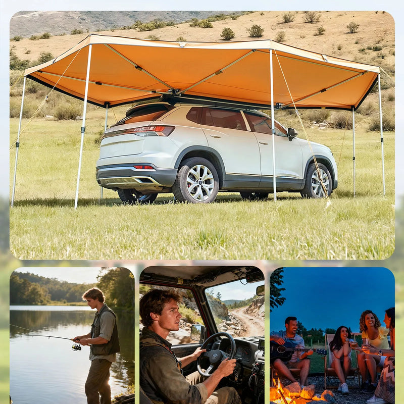 VEVOR 270° auto sānu nojume, 12,4 m², vadītāja puses nojume transportlīdzeklim, ūdensizturīga ar UV50+ aizsardzību, brīvi stāvoša visu laikapstākļu nojume SUV, furgoniem un pikapiem, kempingam, ar pārnēsāšanas somu
