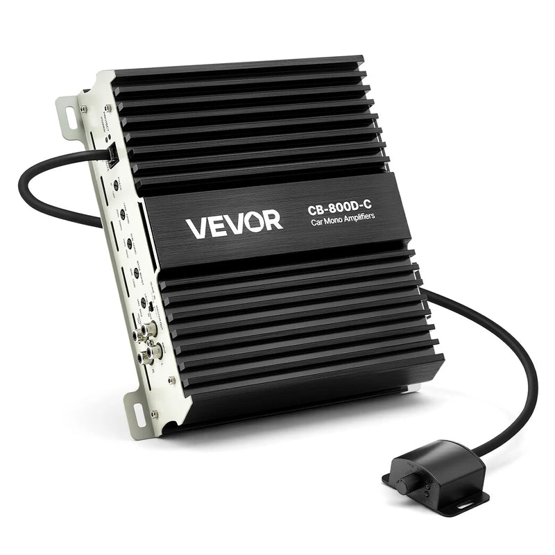 VEVOR monobloka automašīnas pastiprinātājs 800 W RMS, 1 kanāls, D klase, stabils pie 1/2/4 Ω, ar tālvadības subwoofera līmeņa regulatoru, zemo frekvenču filtru, basa pastiprinājumu un fāzes regulēšanu