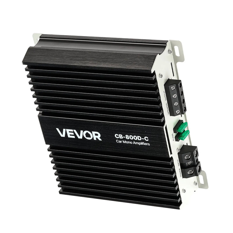 VEVOR monobloka automašīnas pastiprinātājs 800 W RMS, 1 kanāls, D klase, stabils pie 1/2/4 Ω, ar tālvadības subwoofera līmeņa regulatoru, zemo frekvenču filtru, basa pastiprinājumu un fāzes regulēšanu