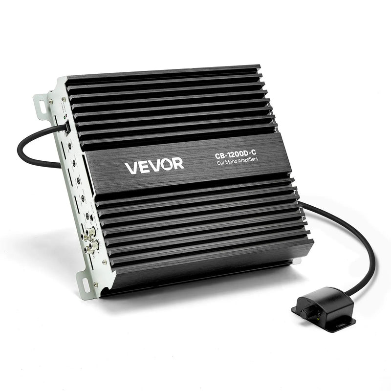 VEVOR monobloka automašīnas pastiprinātājs 1200 W RMS, 1 kanāls, D klase, stabils pie 1/2/4 Ω, ar tālvadības subwoofera līmeņa regulatoru, zemo frekvenču filtru, basa pastiprinājumu un fāzes regulēšanu