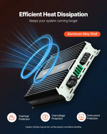 VEVOR monobloka automašīnas pastiprinātājs 1200 W RMS, 1 kanāls, D klase, stabils pie 1/2/4 Ω, ar tālvadības subwoofera līmeņa regulatoru, zemo frekvenču filtru, basa pastiprinājumu un fāzes regulēšanu