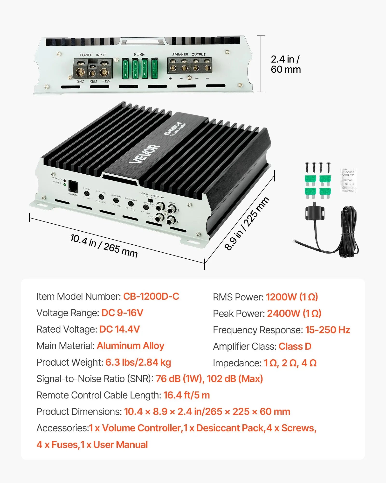 VEVOR monobloka automašīnas pastiprinātājs 1200 W RMS, 1 kanāls, D klase, stabils pie 1/2/4 Ω, ar tālvadības subwoofera līmeņa regulatoru, zemo frekvenču filtru, basa pastiprinājumu un fāzes regulēšanu