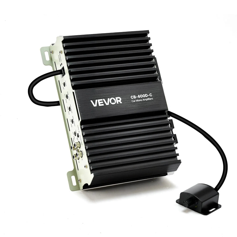 VEVOR monobloka automašīnas pastiprinātājs 400 W RMS, 1 kanāls, D klase, stabils pie 1/2/4 Ω, ar tālvadības subwoofera līmeņa regulatoru, zemo frekvenču filtru, basa pastiprinājumu un fāzes regulēšanu