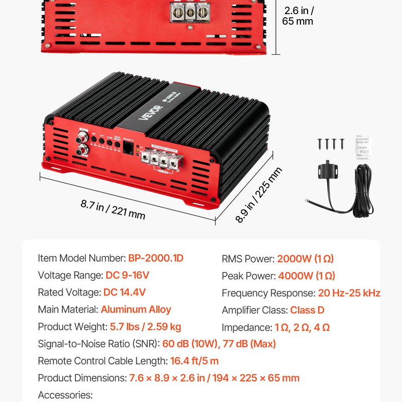 VEVOR monobloka automašīnas pastiprinātājs, līdz 2000 W, stabils 1/2/4 Ω, 1 kanāla D klases audio pastiprinātājs ar tālvadāmu zemfrekvenču līmeņa kontroli, zemfrekvenču filtru un basu pastiprinājumu, komplektā skaļuma regulators