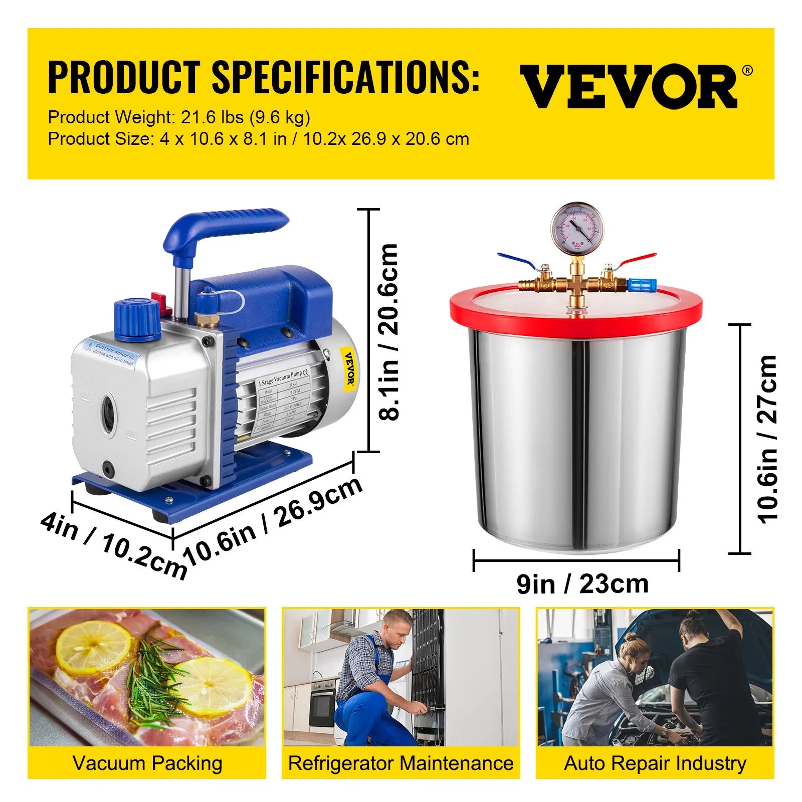 VEVOR vienpakāpes vakuuma sūknis 85 l/min, 186 W, ar 13 l vakuuma kameru, HVAC A/C un aukstuma iekārtu degazēšanas komplekts