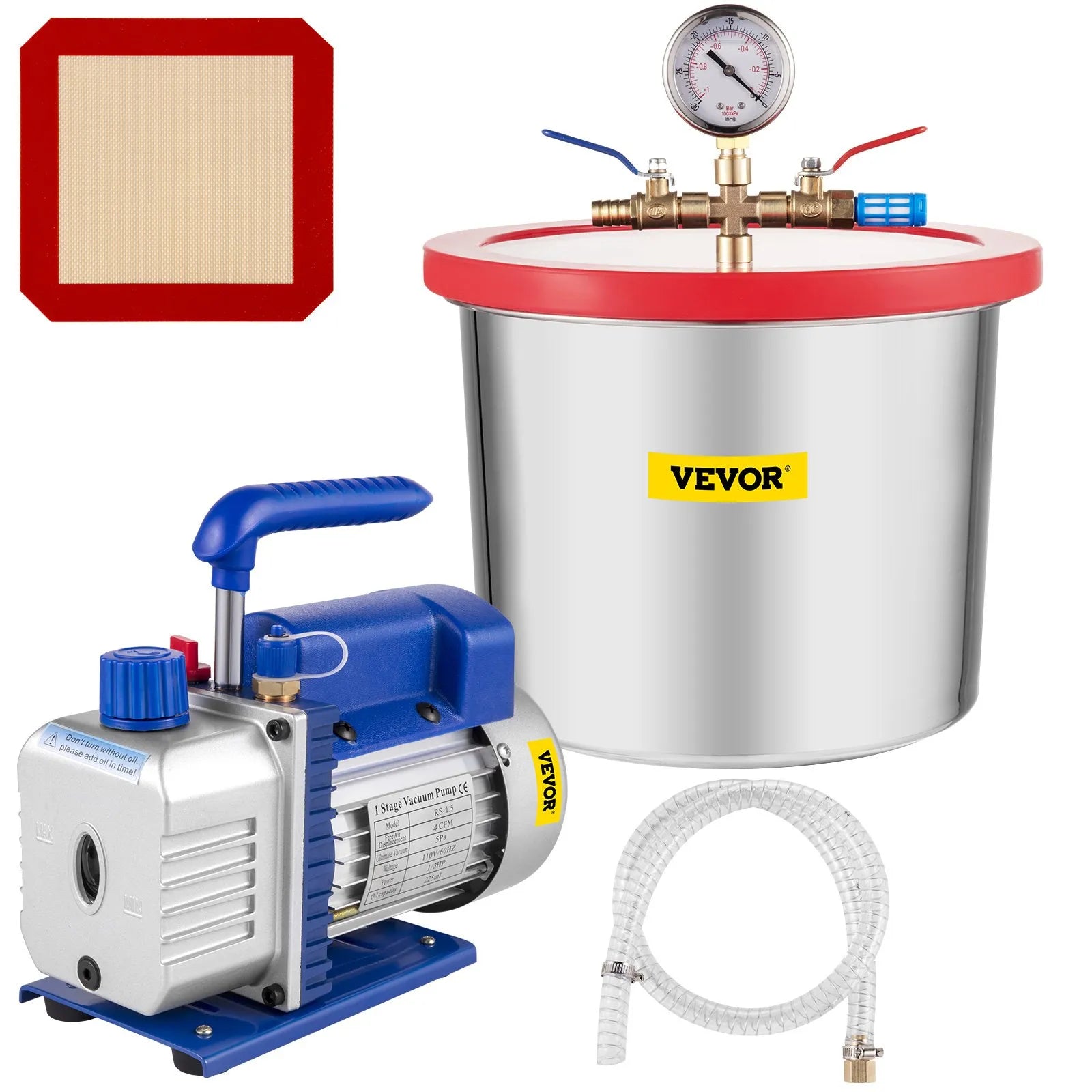 VEVOR 7,6 l vakuuma kamera ar vakuuma sūkni, silikona un epoksīda degazēšanai, 113 l/min vienpakāpes vakuuma sūknis, 250 W, paredzēta darbnīcas un profesionālai lietošanai