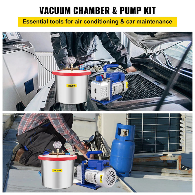 VEVOR 7,6 l vakuuma kamera ar vakuuma sūkni, silikona un epoksīda degazēšanai, 113 l/min vienpakāpes vakuuma sūknis, 250 W, paredzēta darbnīcas un profesionālai lietošanai