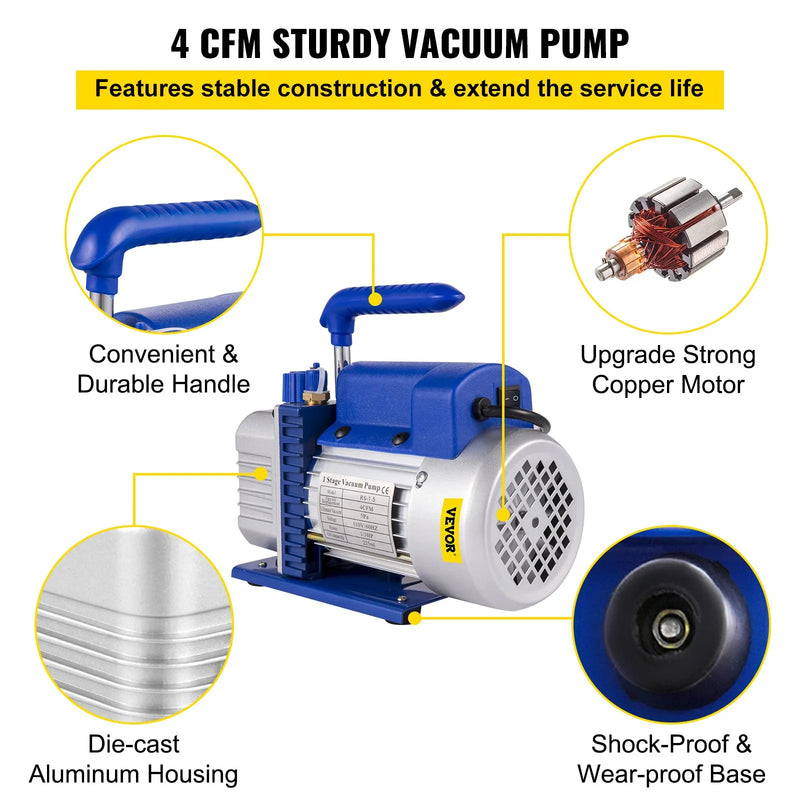 VEVOR 7,6 l vakuuma kamera ar vakuuma sūkni, silikona un epoksīda degazēšanai, 113 l/min vienpakāpes vakuuma sūknis, 250 W, paredzēta darbnīcas un profesionālai lietošanai