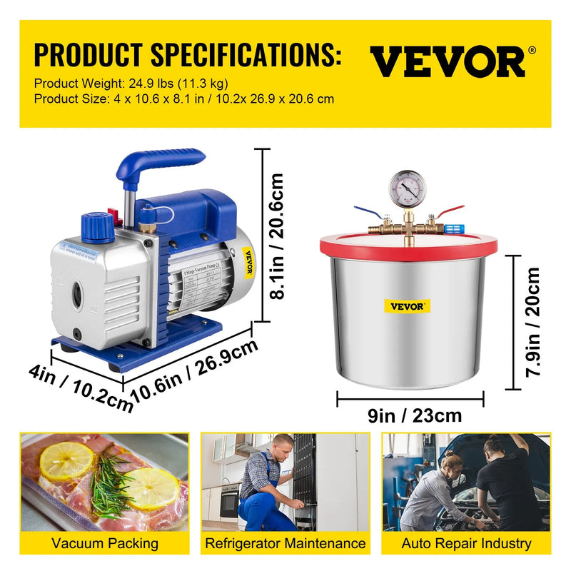 VEVOR 7,6 l vakuuma kamera ar vakuuma sūkni, silikona un epoksīda degazēšanai, 113 l/min vienpakāpes vakuuma sūknis, 250 W, paredzēta darbnīcas un profesionālai lietošanai