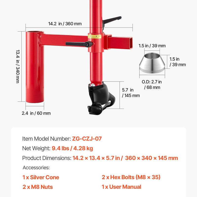 VEVOR manuālā riepu montāžas iekārta ar “Duck Head” uzgali un sudraba konusu, piemērota 406–533 mm riteņiem, izturīgs riepu montāžas un demontāžas adapteru komplekts automašīnām, SUV, kravas auto un ATV