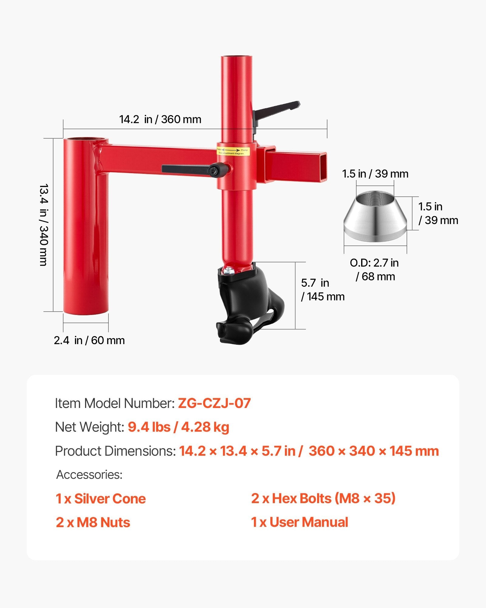 VEVOR manuālā riepu montāžas iekārta ar “Duck Head” uzgali un sudraba konusu, piemērota 406–533 mm riteņiem, izturīgs riepu montāžas un demontāžas adapteru komplekts automašīnām, SUV, kravas auto un ATV