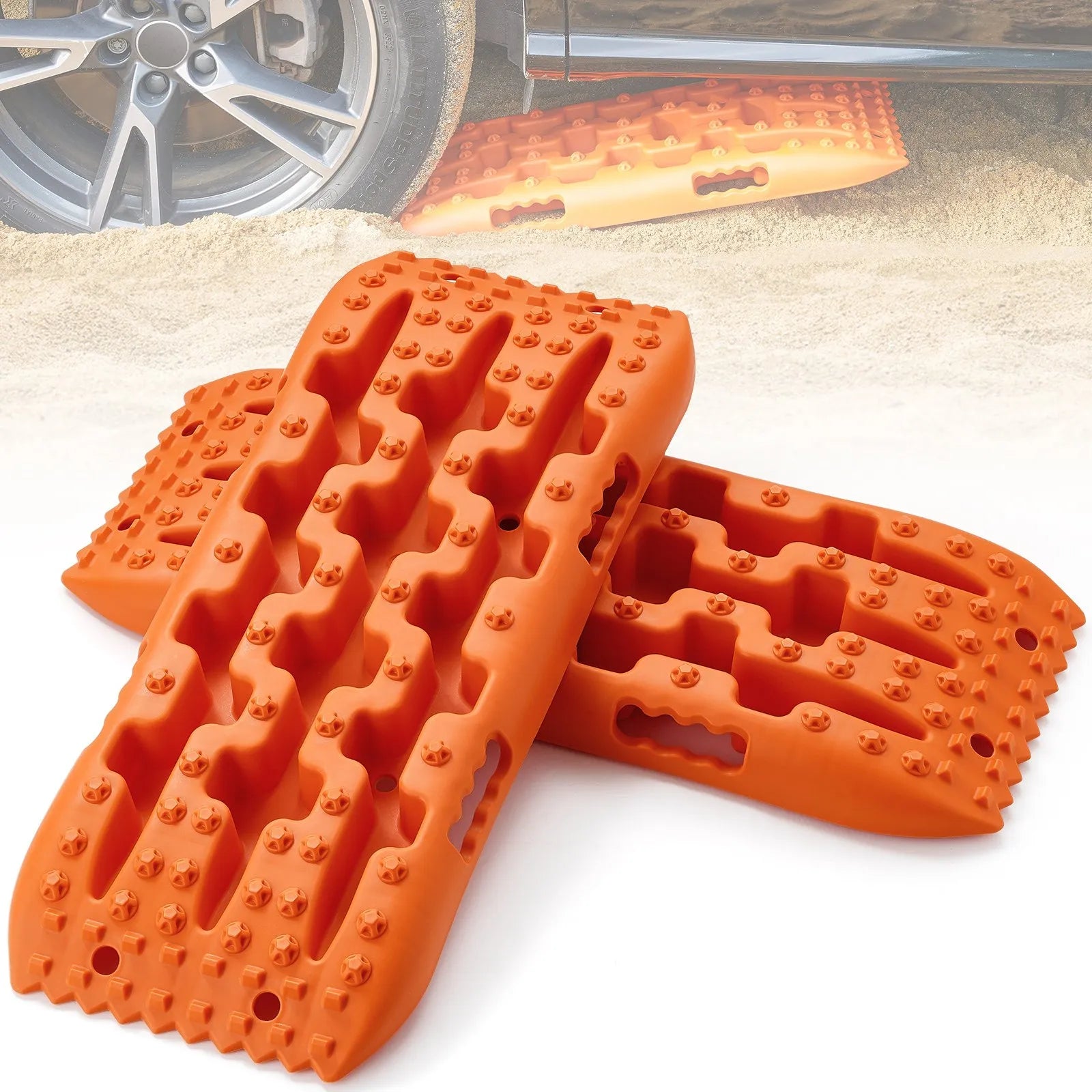 VEVOR 10 t PP saķeres dēļi bezceļu transportlīdzekļiem, īsie oranžie riepu saķeres paklāji sniegam, smiltīm, dubļiem un irdenam reljefam, ar uzglabāšanas somu