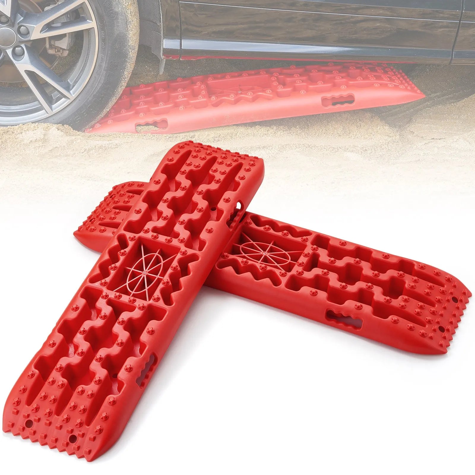 VEVOR 10 t vilkšanas dēļi no PP materiāla, atgūšanas dēļi apvidus auto, vieglajām automašīnām, pikapiem, SUV un kemperiem, pāris riepu saķeres paliktņu sniegam, smiltīm, dubļiem un irdenam reljefam, ar glabāšanas somu, garie, sarkani
