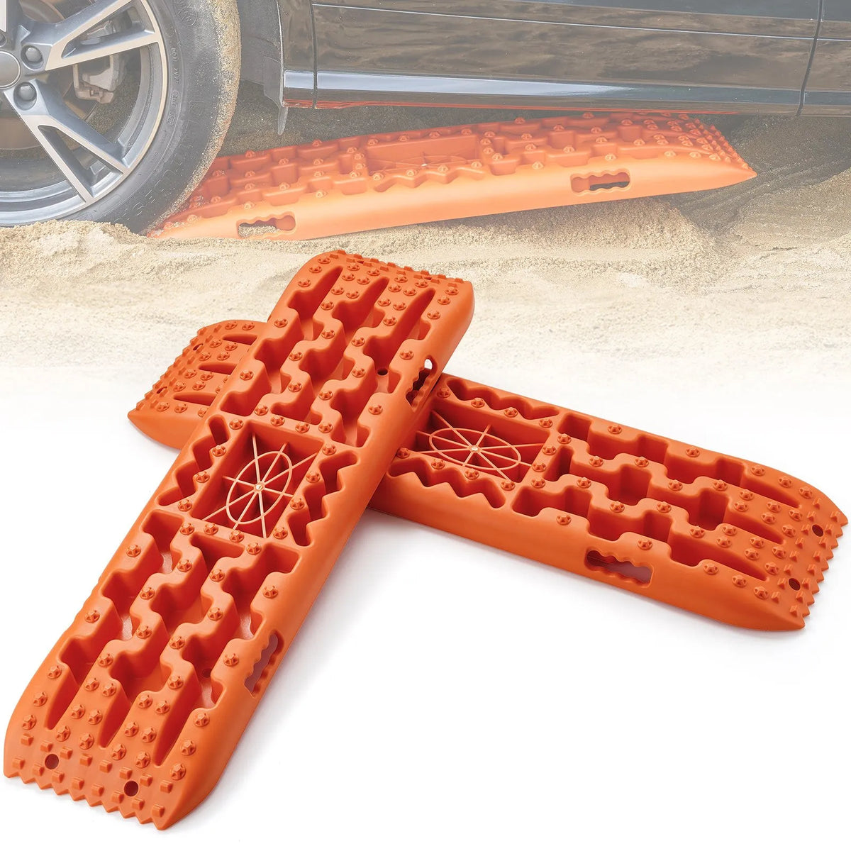 VEVOR 10 TON vilces paliktņi, PP materiāls, atgūšanas paliktņi apvidus auto/automobiļiem/pikapiem/SUV/mājokļauto, pāris riepu vilces paliktņu sniegam, smiltīm, dubļiem un irdenam segumam, ar uzglabāšanas somu, gari, oranži