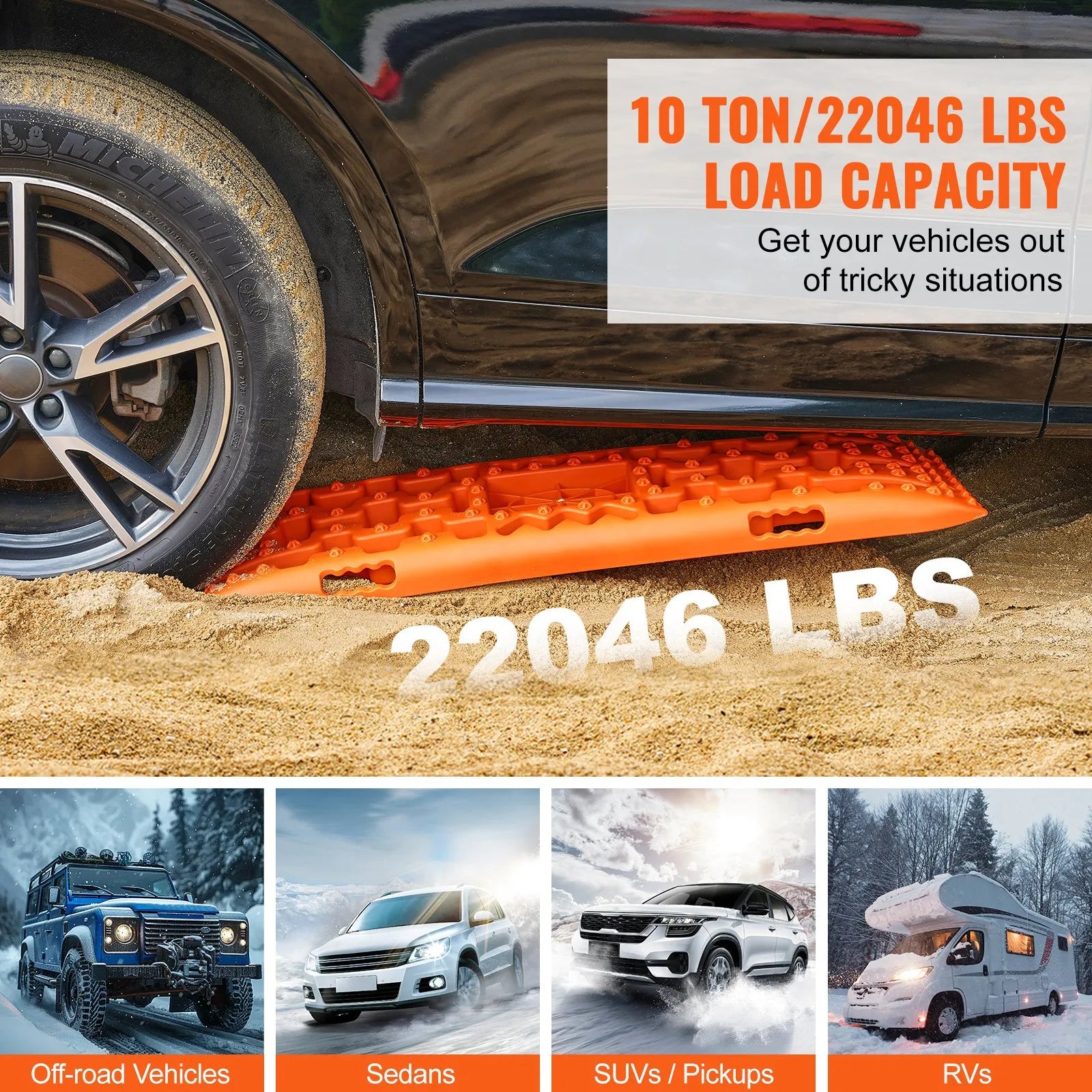 VEVOR 10 TON vilces paliktņi, PP materiāls, atgūšanas paliktņi apvidus auto/automobiļiem/pikapiem/SUV/mājokļauto, pāris riepu vilces paliktņu sniegam, smiltīm, dubļiem un irdenam segumam, ar uzglabāšanas somu, gari, oranži