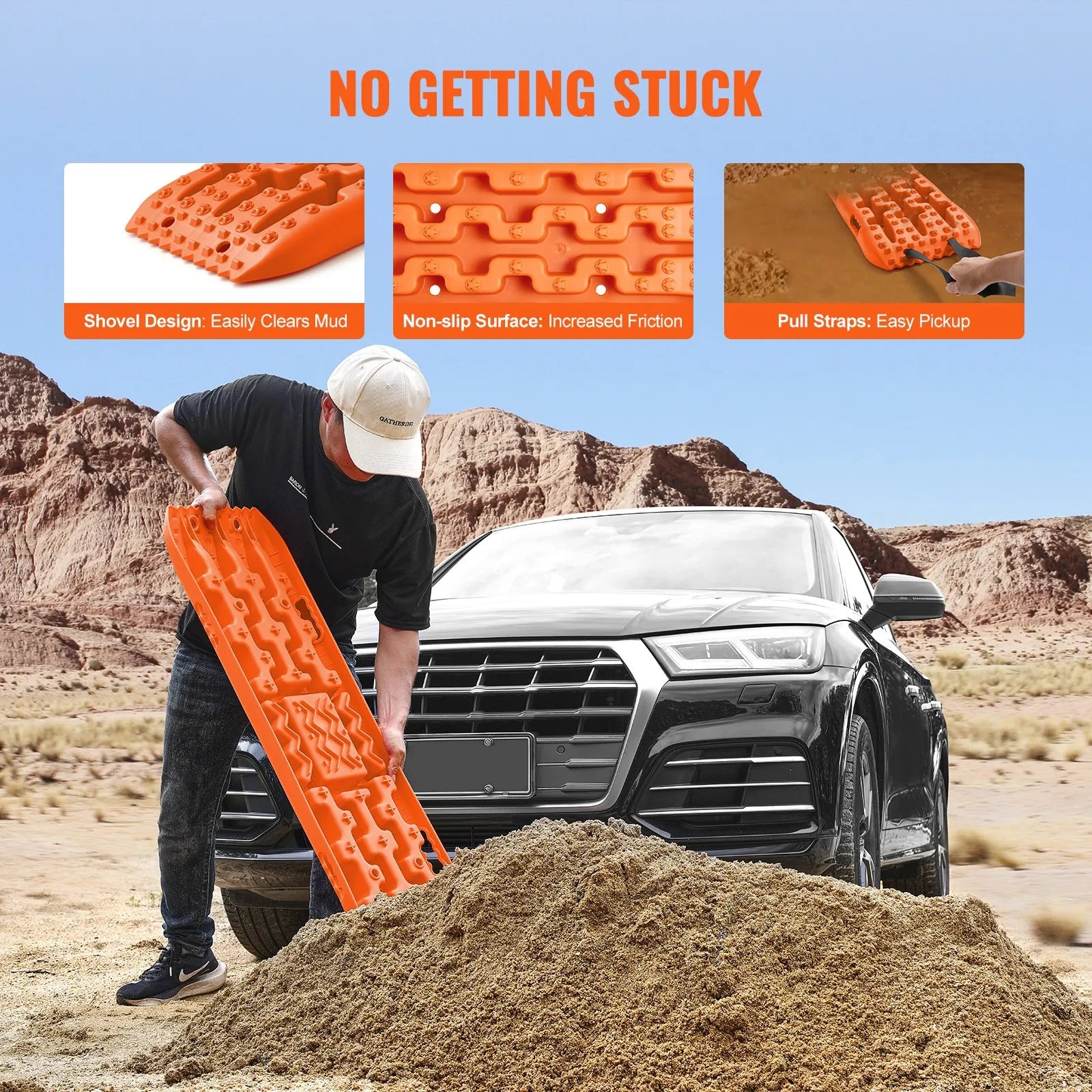 VEVOR 10 TON vilces paliktņi, PP materiāls, atgūšanas paliktņi apvidus auto/automobiļiem/pikapiem/SUV/mājokļauto, pāris riepu vilces paliktņu sniegam, smiltīm, dubļiem un irdenam segumam, ar uzglabāšanas somu, gari, oranži