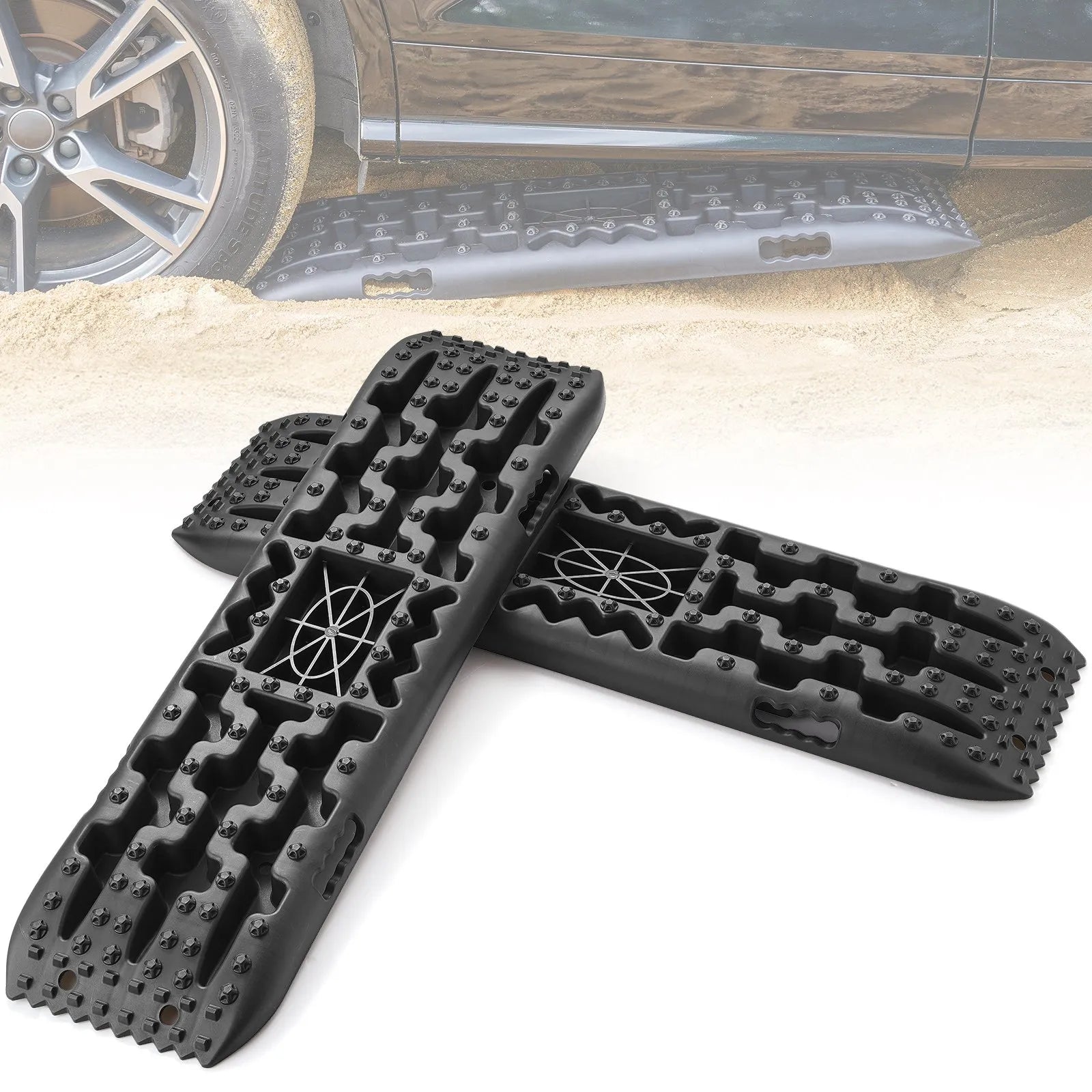 VEVOR 10 t vilkšanas dēļi no PP materiāla, atgūšanas dēļi apvidus auto, vieglajām automašīnām, pikapiem, SUV un kemperiem, pāris riepu saķeres paliktņu sniegam, smiltīm, dubļiem un irdenam reljefam, ar glabāšanas somu, garie, melni