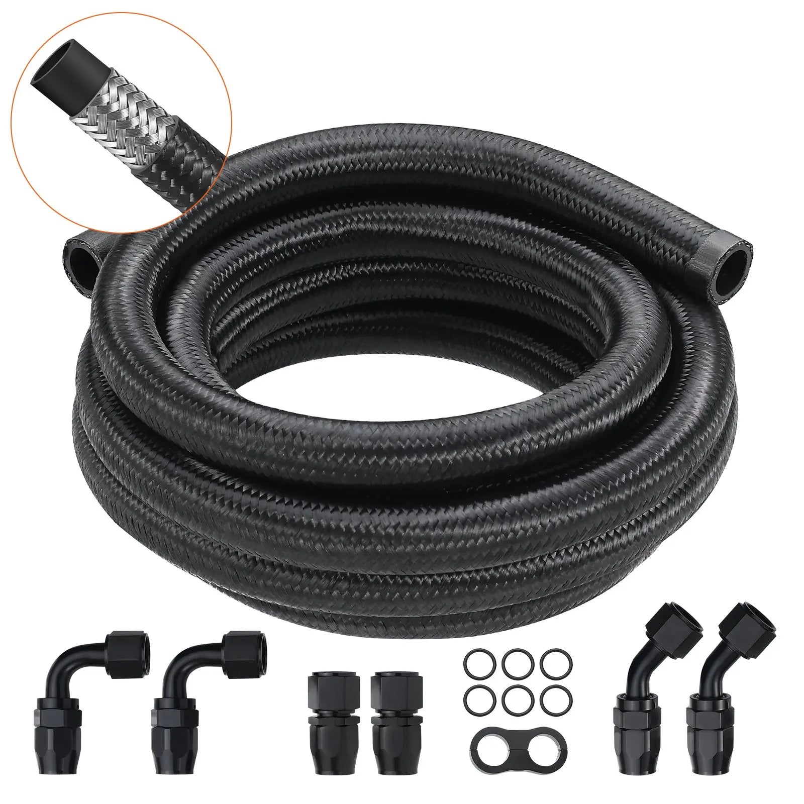 VEVOR 10AN degvielas līnijas komplekts, 3 m degvielas šļūtene ar 14 mm ārējo diametru, neilona un nerūsējošā tērauda pinuma degvielas līnija eļļai, benzīnam un dīzeļdegvielai, ar 7 grozāmo savienotāju adapteriem, melna