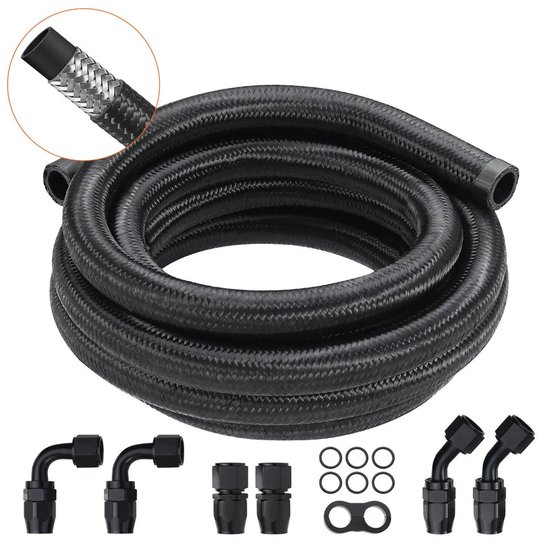 VEVOR 10AN degvielas līnijas komplekts, 3 m degvielas šļūtene ar 14 mm ārējo diametru, neilona un nerūsējošā tērauda pinuma degvielas līnija eļļai, benzīnam un dīzeļdegvielai, ar 7 grozāmo savienotāju adapteriem, melna