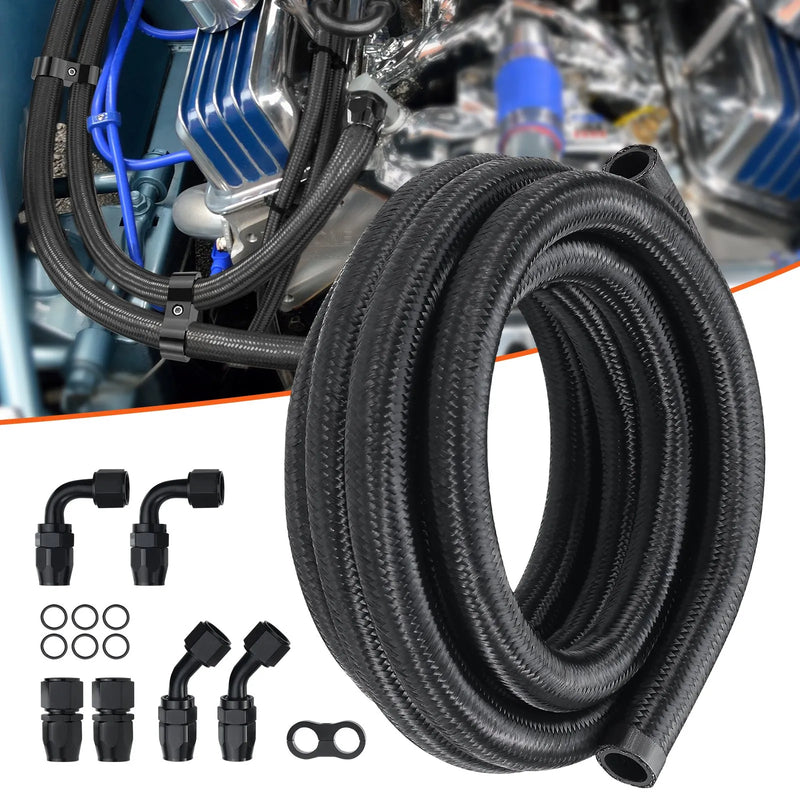 VEVOR 10AN degvielas līnijas komplekts, 3 m degvielas šļūtene ar 14 mm ārējo diametru, neilona un nerūsējošā tērauda pinuma degvielas līnija eļļai, benzīnam un dīzeļdegvielai, ar 7 grozāmo savienotāju adapteriem, melna