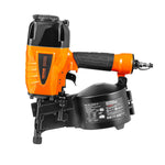 VEVOR pneimatiskā ruļļu tipa apdares naglu pistole CN65, paredzēta 32–64 mm naglām, 15° leņķis, darba spiediens 0,48–0,83 MPa, ar bezinstrumentu iestrādes dziļuma regulēšanu, piemērota apšuvumam, paletēm, koka darbiem, žogiem un terasēm