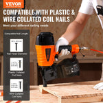 VEVOR pneimatiskā ruļļu tipa apdares naglu pistole CN65, paredzēta 32–64 mm naglām, 15° leņķis, darba spiediens 0,48–0,83 MPa, ar bezinstrumentu iestrādes dziļuma regulēšanu, piemērota apšuvumam, paletēm, koka darbiem, žogiem un terasēm