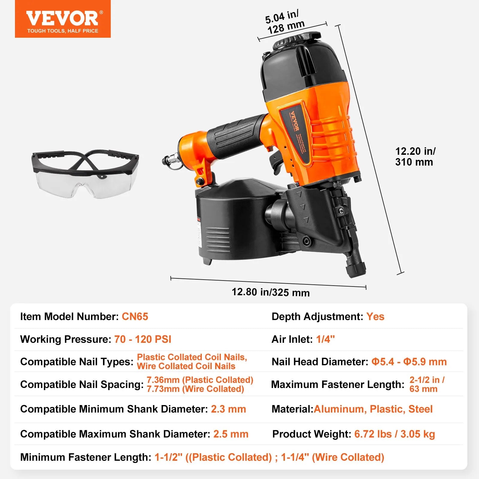 VEVOR pneimatiskā ruļļu tipa apdares naglu pistole CN65, paredzēta 32–64 mm naglām, 15° leņķis, darba spiediens 0,48–0,83 MPa, ar bezinstrumentu iestrādes dziļuma regulēšanu, piemērota apšuvumam, paletēm, koka darbiem, žogiem un terasēm