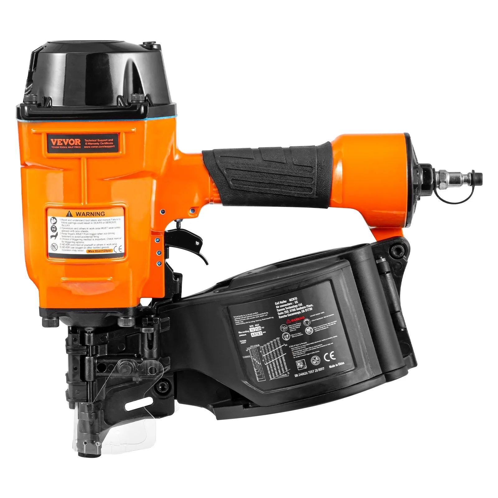 VEVOR pneimatiskā ruļļu tipa apdares naglu pistole MCN70, paredzēta 45–70 mm naglām, 15° leņķis, darba spiediens 0,48–0,83 MPa, piemērota paletēm, kastēm, karkasiem, apšuvumam un žogiem