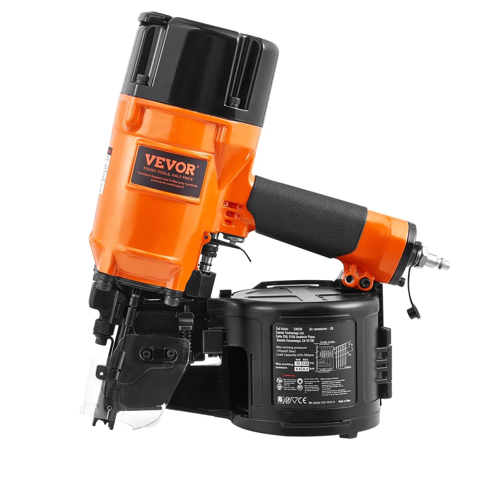 VEVOR pneimatiskā ruļļu tipa apdares un karkasa naglu pistole CN83N, paredzēta 50–83 mm naglām, 15° leņķis, darba spiediens 0,48–0,83 MPa, ar bezinstrumentu dziļuma regulēšanu, piemērota apšuvumam, koka darbiem, žogiem un terasēm