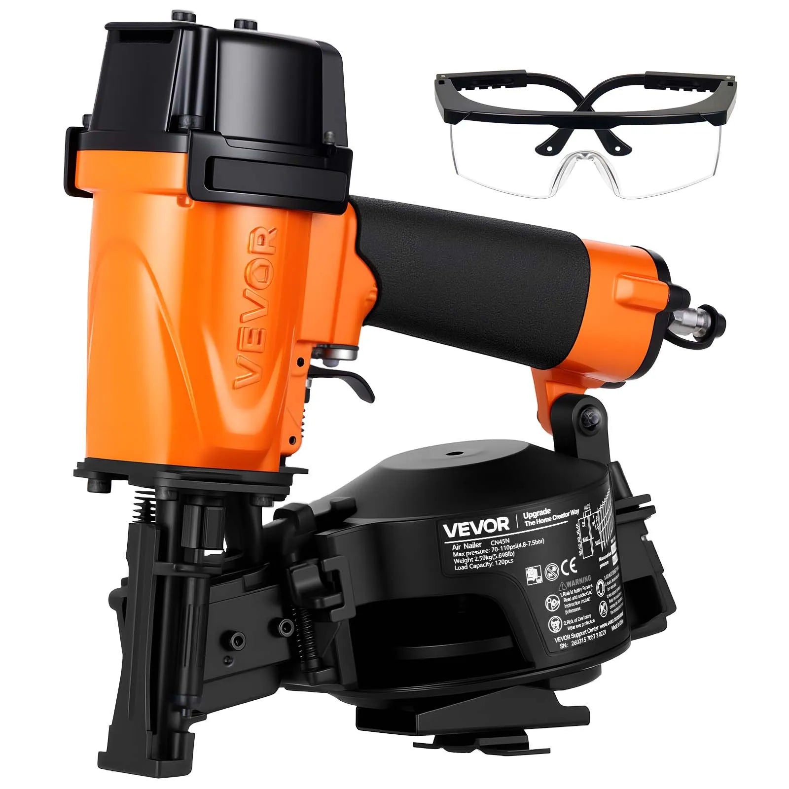 VEVOR profesionālā jumta naglu pistole CN45N, 19–45 mm, 15° pneimatiskā ruļļa naglotāja, 4–5 naglas sekundē, darba spiediens 4,8–7,5 bar, bitumena šindeļiem un jumta apšuvumam