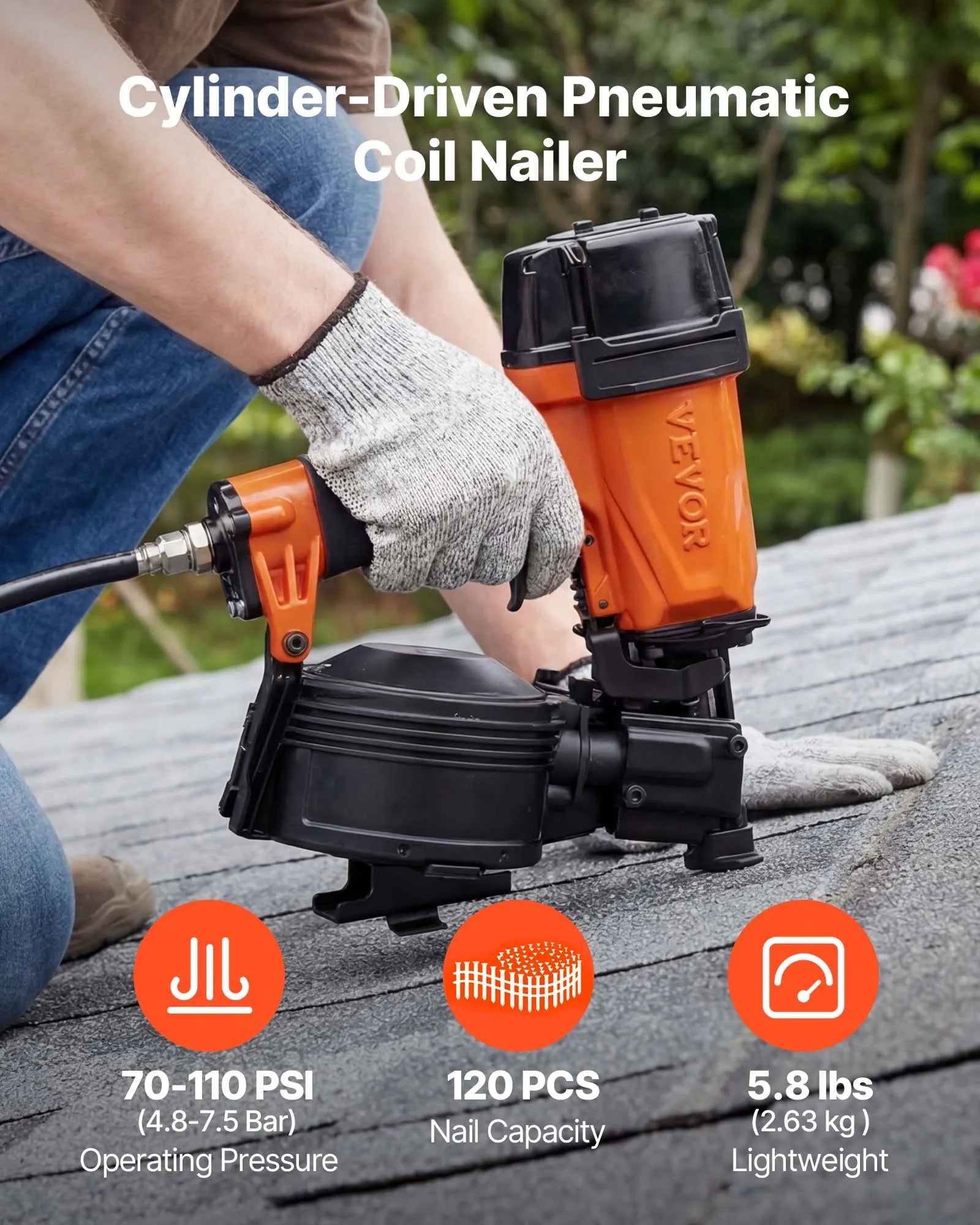 VEVOR profesionālā jumta naglu pistole CN45N, 19–45 mm, 15° pneimatiskā ruļļa naglotāja, 4–5 naglas sekundē, darba spiediens 4,8–7,5 bar, bitumena šindeļiem un jumta apšuvumam