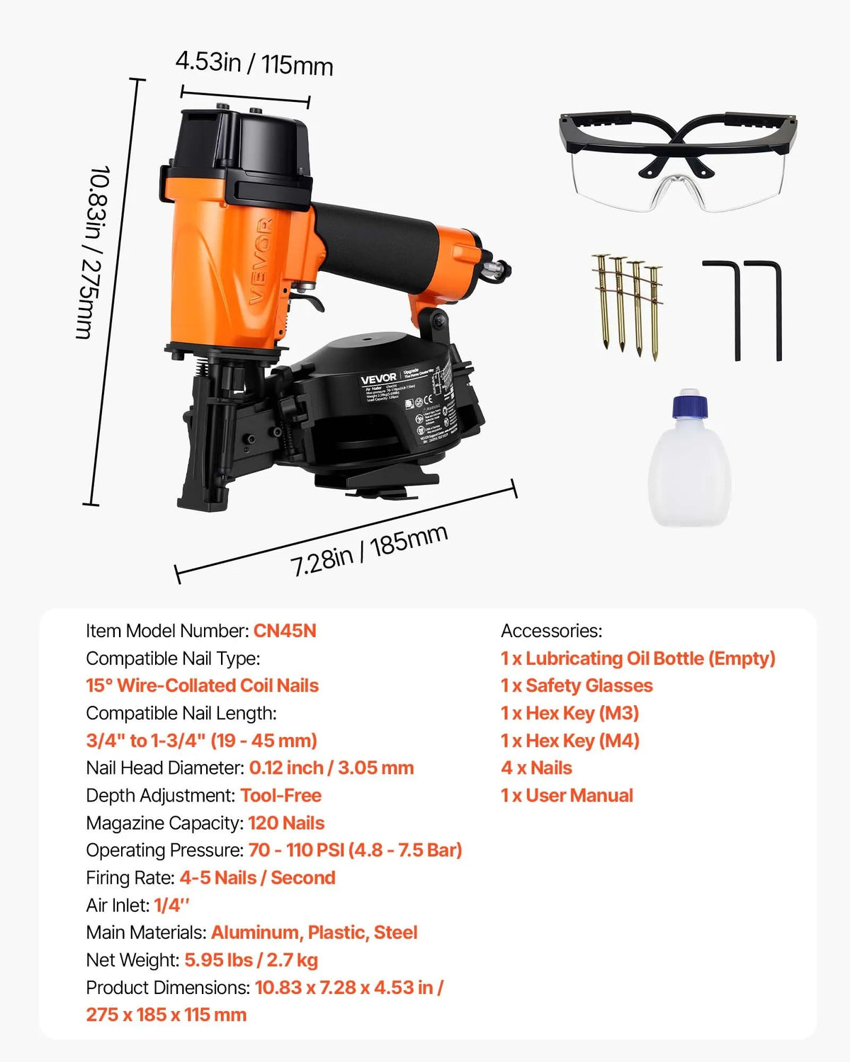 VEVOR profesionālā jumta naglu pistole CN45N, 19–45 mm, 15° pneimatiskā ruļļa naglotāja, 4–5 naglas sekundē, darba spiediens 4,8–7,5 bar, bitumena šindeļiem un jumta apšuvumam