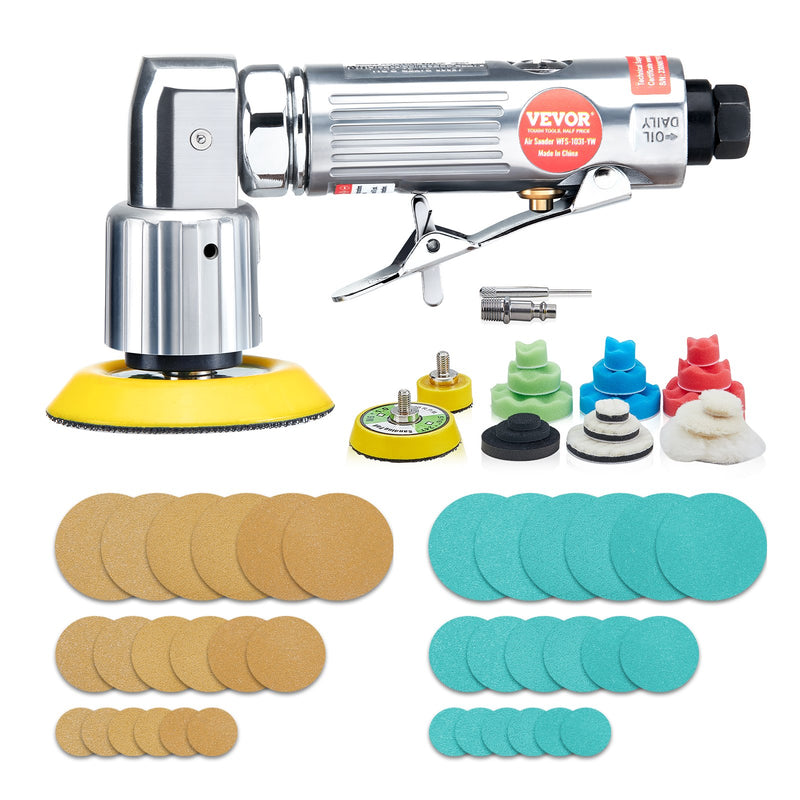 VEVOR mini pneimatiskā slīpmašīna, 2,5/5,1/7,6 cm ekscentriskā gaisa slīpmašīna ar 15000 apgr./min, pneimatiska pulēšanas un slīpēšanas ierīce auto virsbūves darbiem, 58 daļu komplekts ar viļņveida sūkļiem, smilšpapīru un vilnas pulēšanas disku