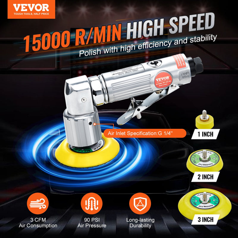 VEVOR mini pneimatiskā slīpmašīna, 2,5/5,1/7,6 cm ekscentriskā gaisa slīpmašīna ar 15000 apgr./min, pneimatiska pulēšanas un slīpēšanas ierīce auto virsbūves darbiem, 58 daļu komplekts ar viļņveida sūkļiem, smilšpapīru un vilnas pulēšanas disku