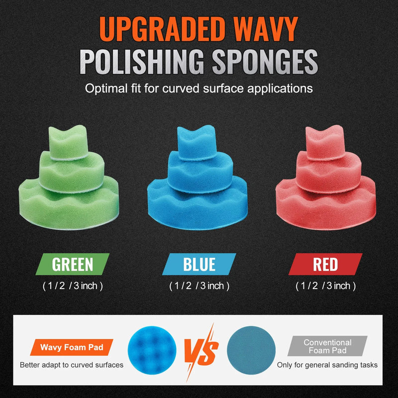 VEVOR mini pneimatiskā slīpmašīna, 2,5/5,1/7,6 cm ekscentriskā gaisa slīpmašīna ar 15000 apgr./min, pneimatiska pulēšanas un slīpēšanas ierīce auto virsbūves darbiem, 58 daļu komplekts ar viļņveida sūkļiem, smilšpapīru un vilnas pulēšanas disku