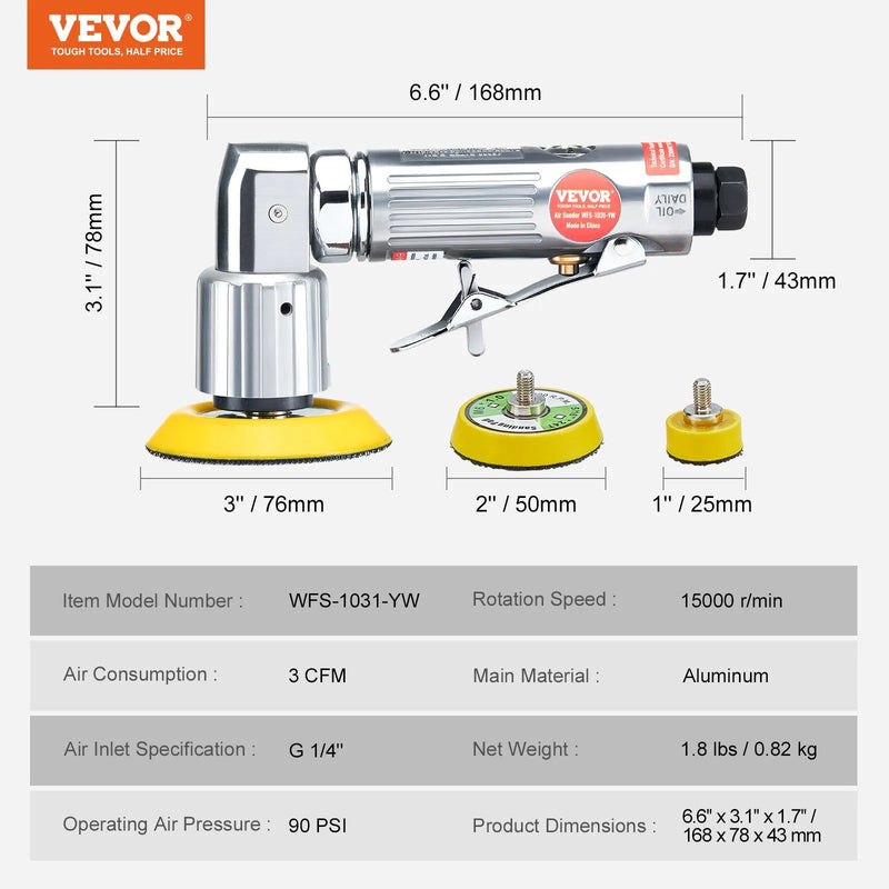 VEVOR mini pneimatiskā slīpmašīna, 2,5/5,1/7,6 cm ekscentriskā gaisa slīpmašīna ar 15000 apgr./min, pneimatiska pulēšanas un slīpēšanas ierīce auto virsbūves darbiem, 58 daļu komplekts ar viļņveida sūkļiem, smilšpapīru un vilnas pulēšanas disku