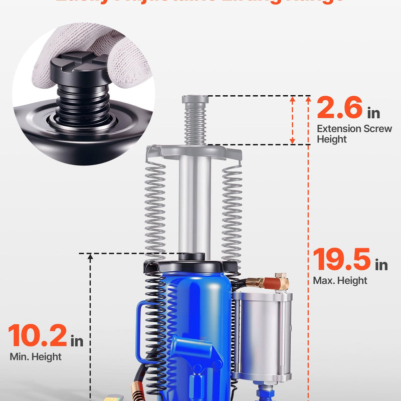 VEVOR Gaisa hidrauliskais pudeļveida domkrats, 20 t, 260–495 mm, pneimatiskais/manuālais smagās slodzes metinātais domkrats ar sūkni automašīnām, pikapiem, kravas auto, kemperiem, SUV, auto remontam un māju pacelšanai, zils